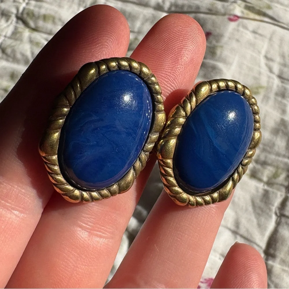 1928 vintage clip on earrings blue cabochon gold twisted rope art deco nautical - Picture 1 of 8